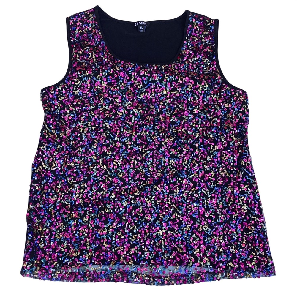 George Womens Sequin Tank Top Multi Color Pink Purple Blue Party Shell L 12-14‎